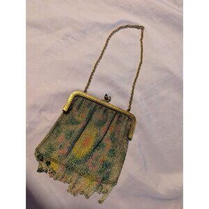 Antique Whiting & Davis Gold Tone Mesh Evening Bag Coin Purse Floral Pattern